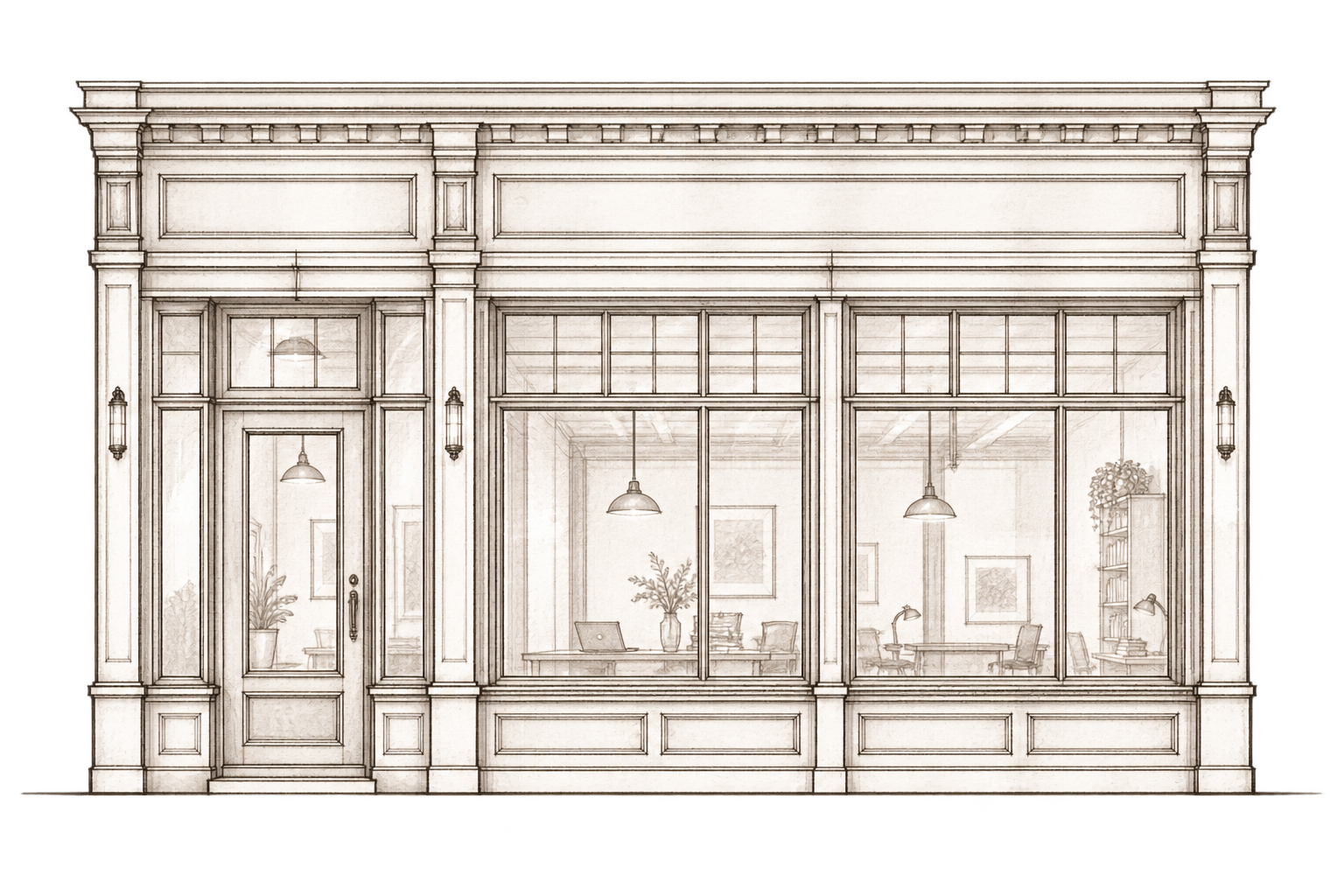 Architectural line drawing of a maintained main-street shopfront with awnings.