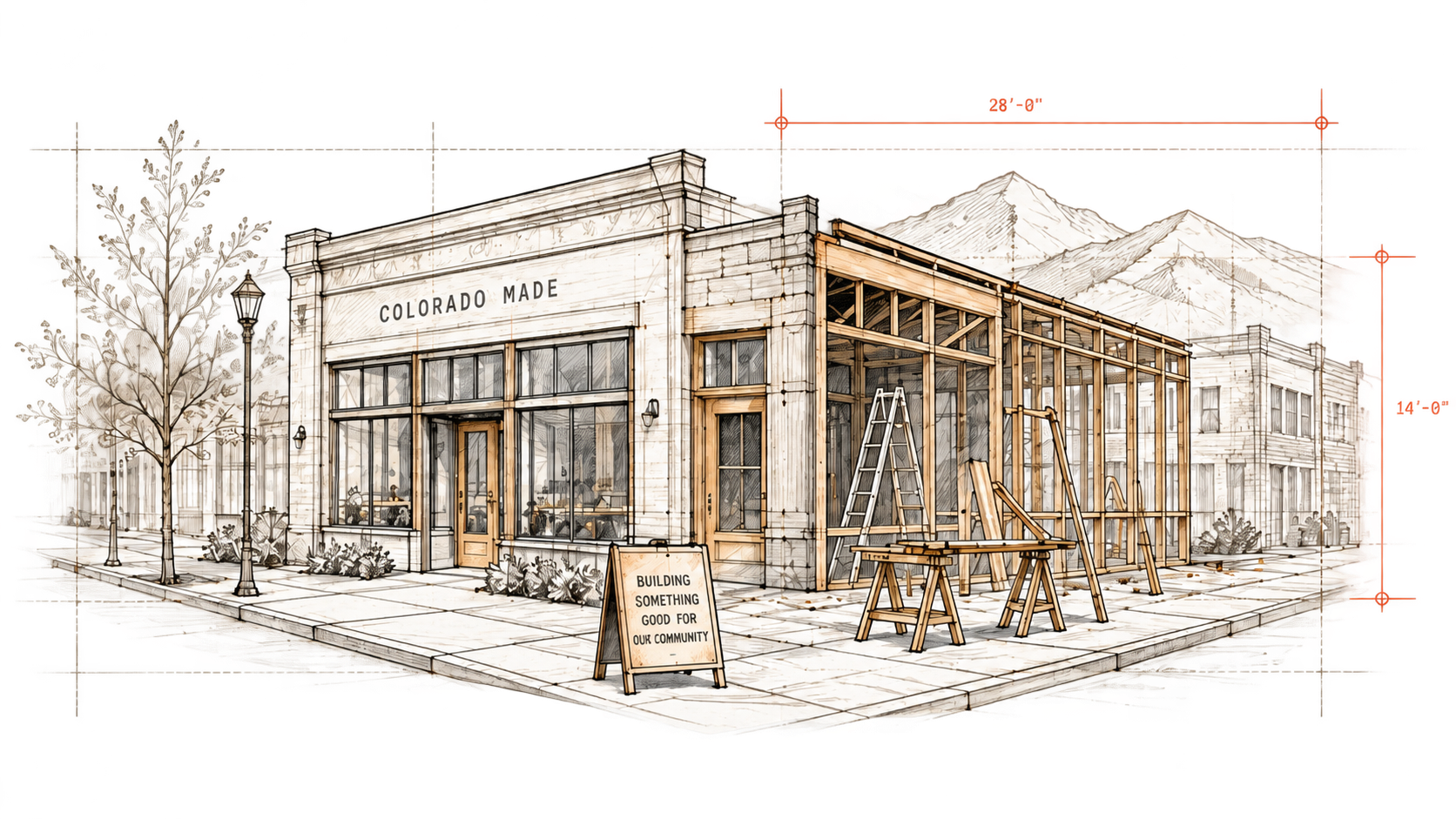Architectural line drawing of a Colorado main-street storefront under construction, with a timber frame extension and surveyed dimension lines.