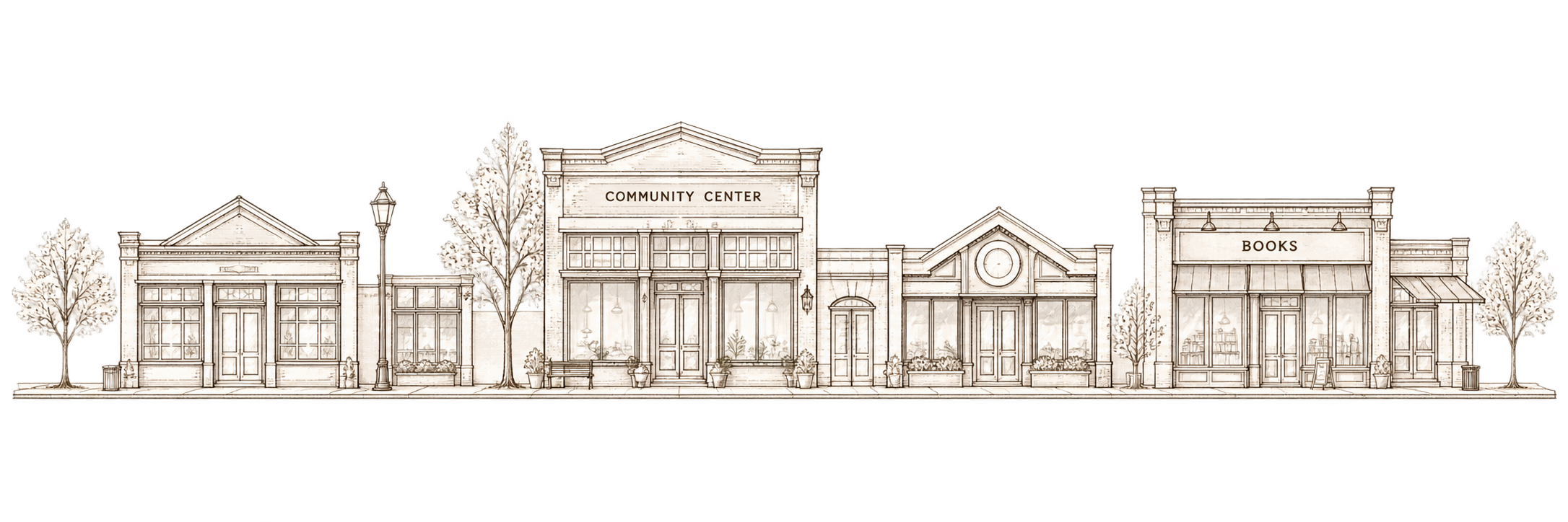 Architectural line drawing of a row of community storefronts including a community centre.