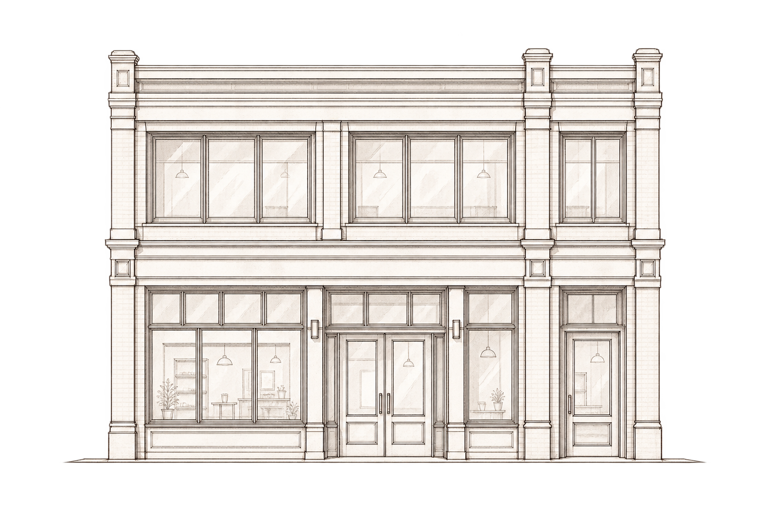 Architectural line drawing of a wide multi-bay commercial building.